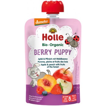 Holle Detské bio pyré jablko, broskyňa a lesné ovocie od 8 mesiaca Berry Puppy